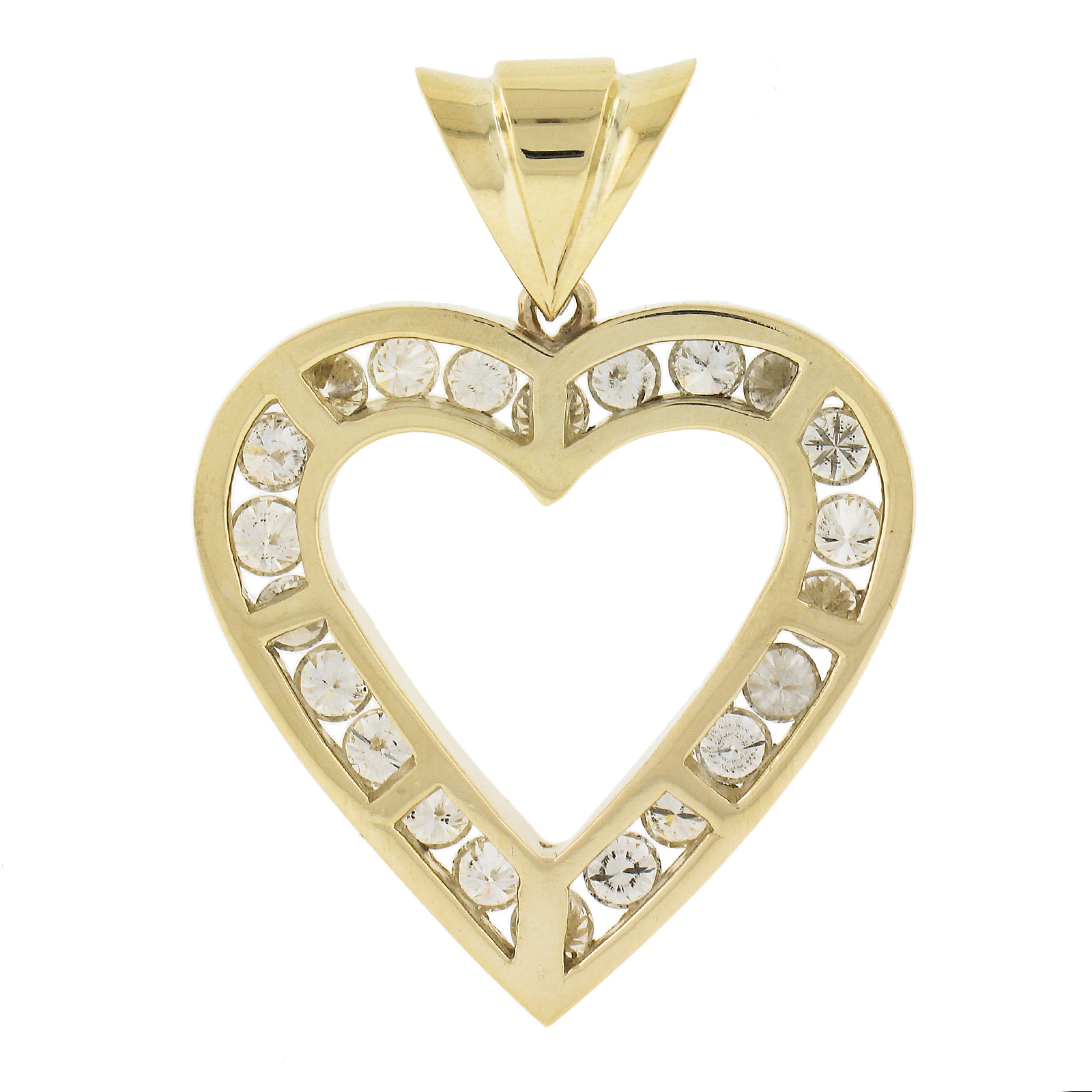14k Yellow Gold 2.65ctw Channel Set Round Cut Diamond Large Open Heart Pendant For Sale 1