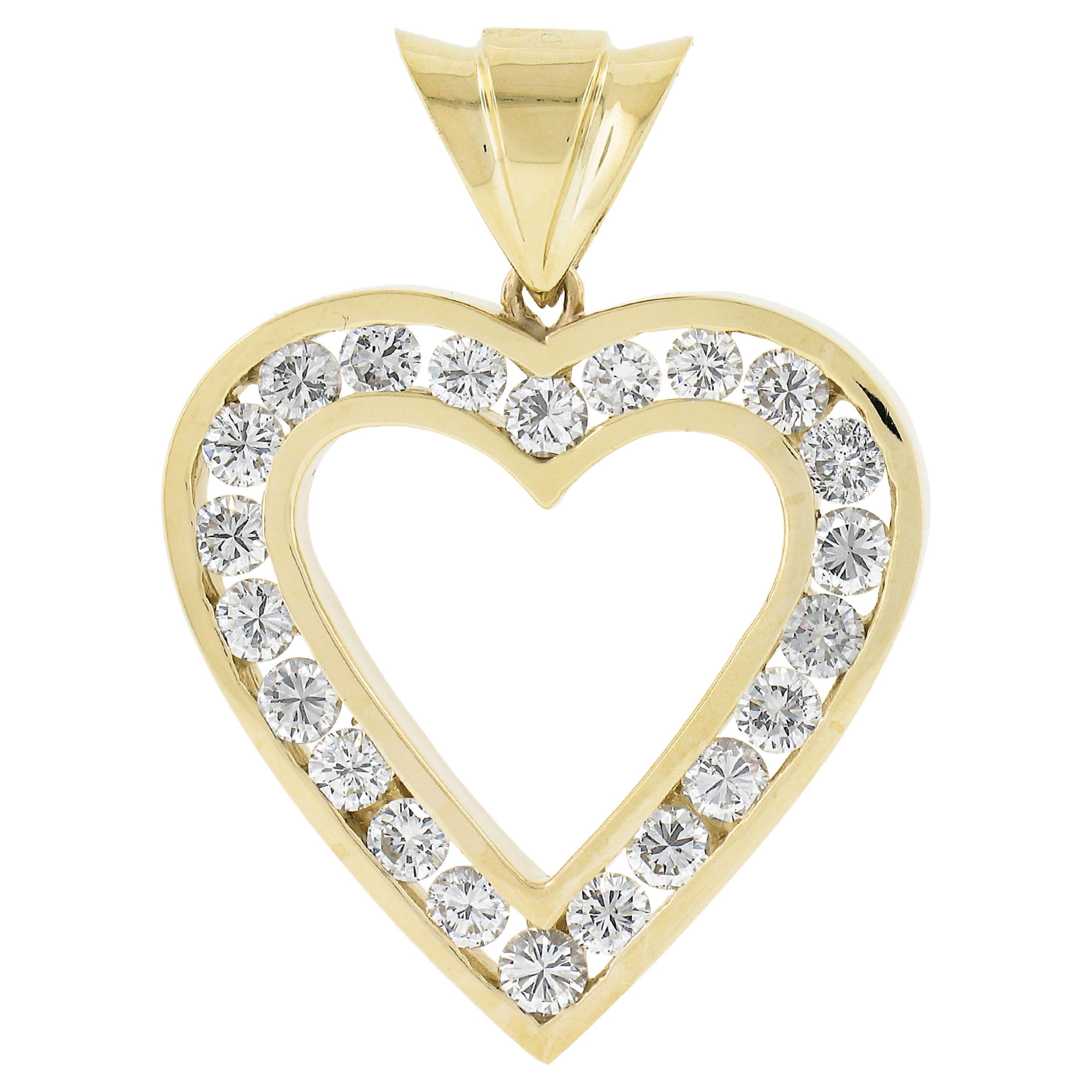 14k Yellow Gold 2.65ctw Channel Set Round Cut Diamond Large Open Heart Pendant For Sale