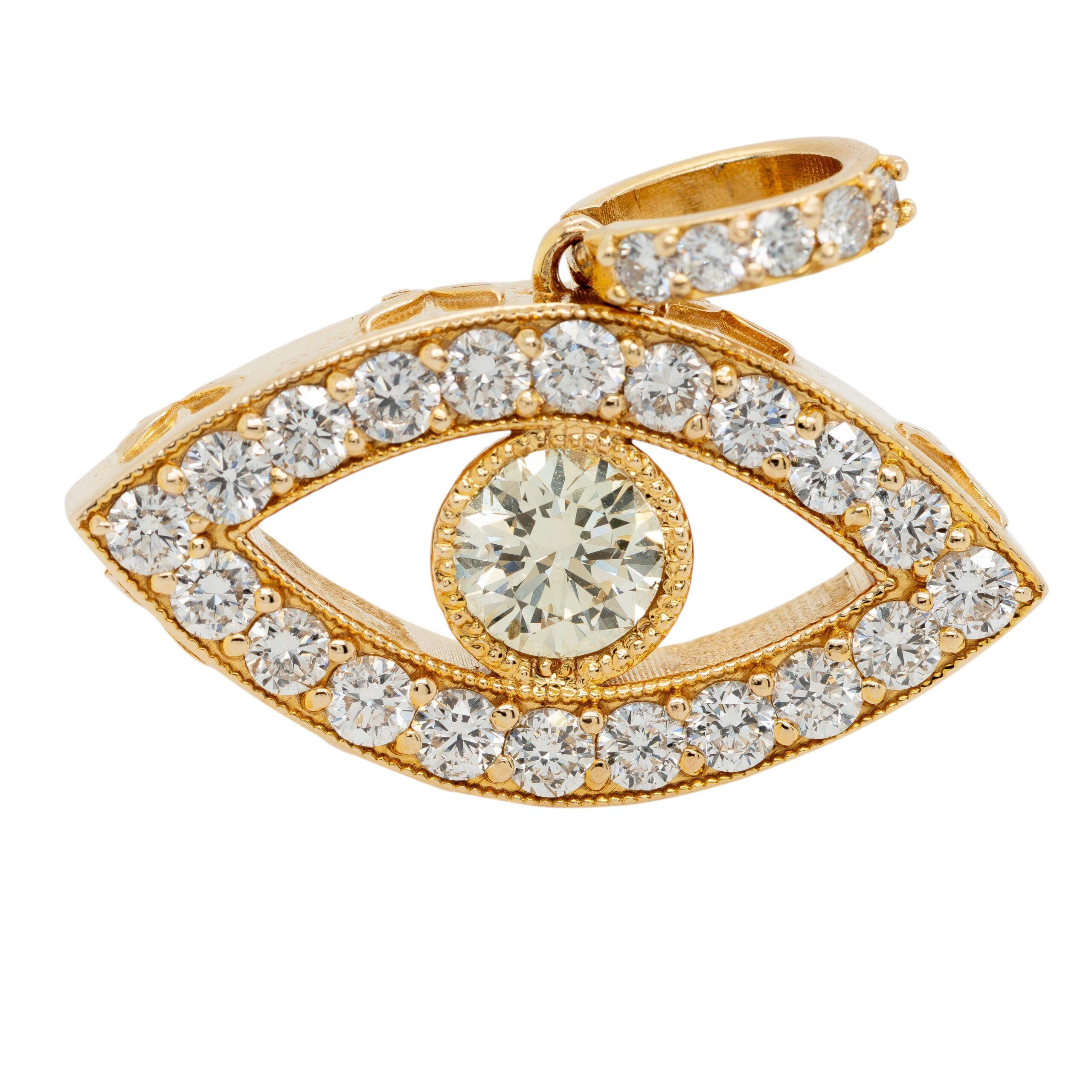 Modern 14k Yellow Gold 2.67ctw Diamond Pave Evil Eye Pendant on 8.62ctw Tennis Necklace For Sale