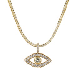 14k Yellow Gold 2.67ctw Diamond Pave Evil Eye Pendant on 8.62ctw Tennis Necklace