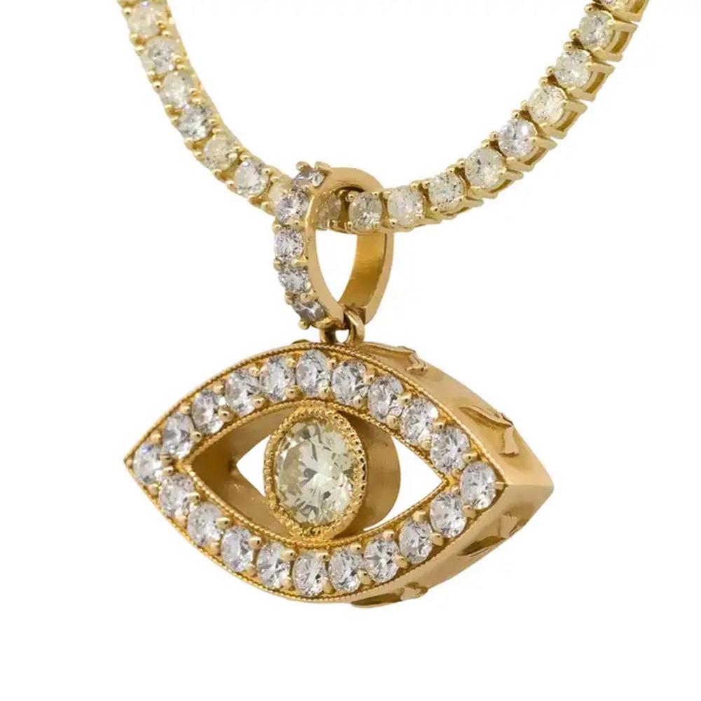 Round Cut 14k Yellow Gold 2.67ctw Diamond Pave Evil Eye Pendant on 8.62ctw Tennis Necklace For Sale