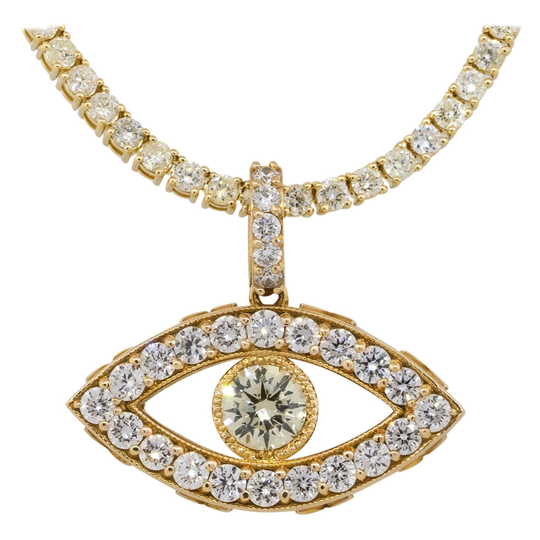 Colgante de oro amarillo de 14 quilates con 2,67 quilates de diamantes pavé y mal de ojo en collar de tenis de 8,62 quilates
