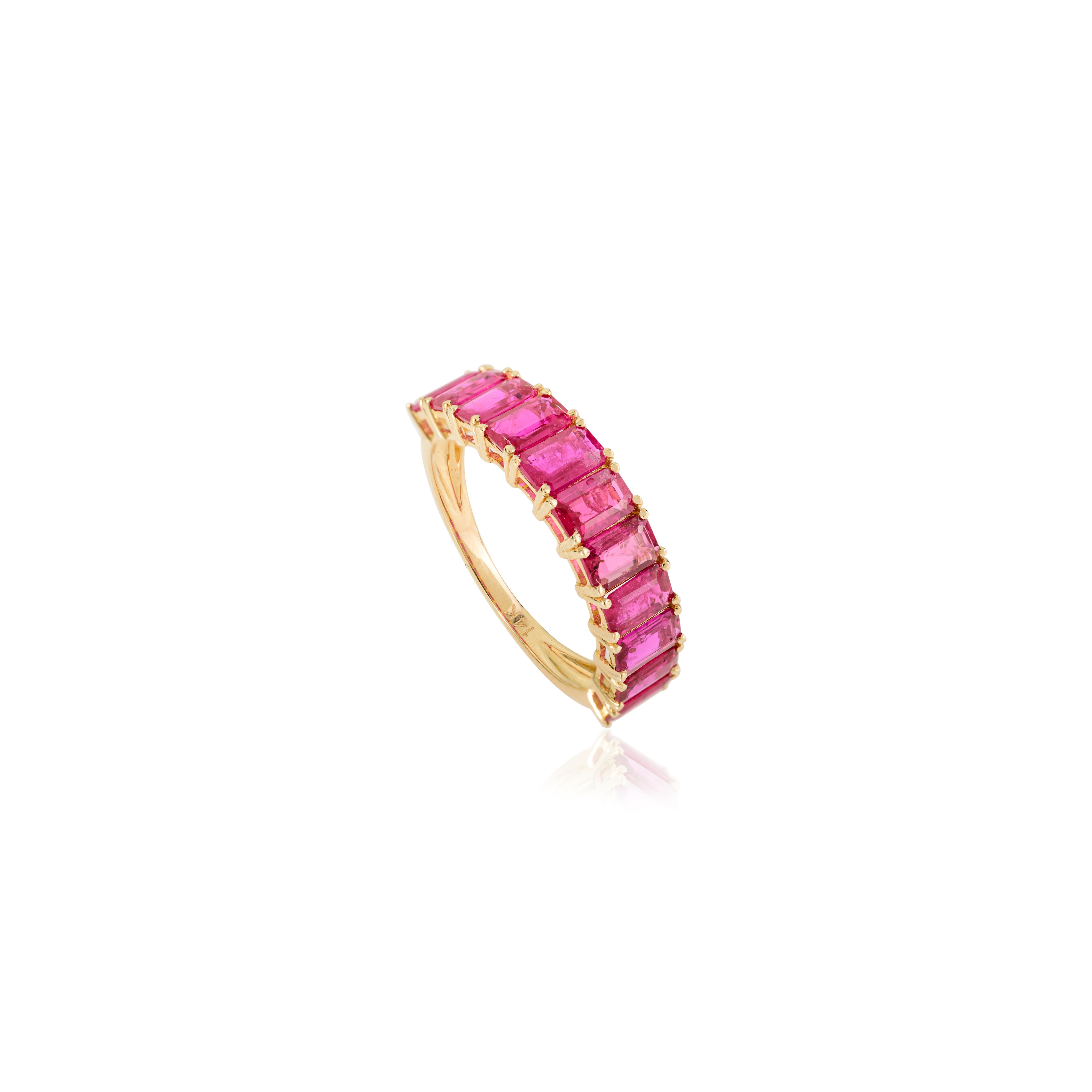 For Sale:  14k Yellow Gold 2.70 CTW Emerald-Cut Ruby Half Eternity Band Ring Fine Jewelry 4