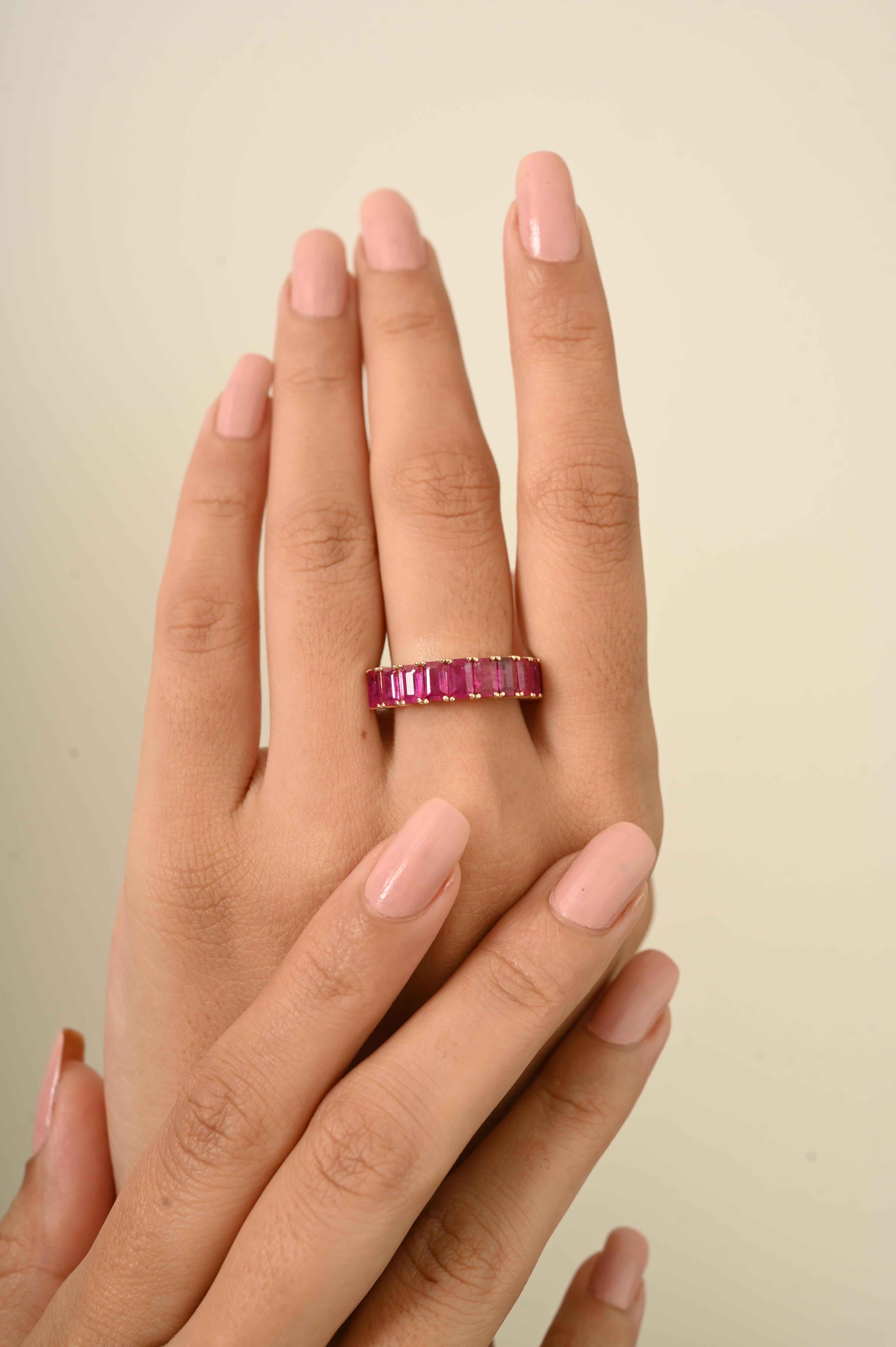 For Sale:  14k Yellow Gold 2.70 CTW Emerald-Cut Ruby Half Eternity Band Ring Fine Jewelry 5