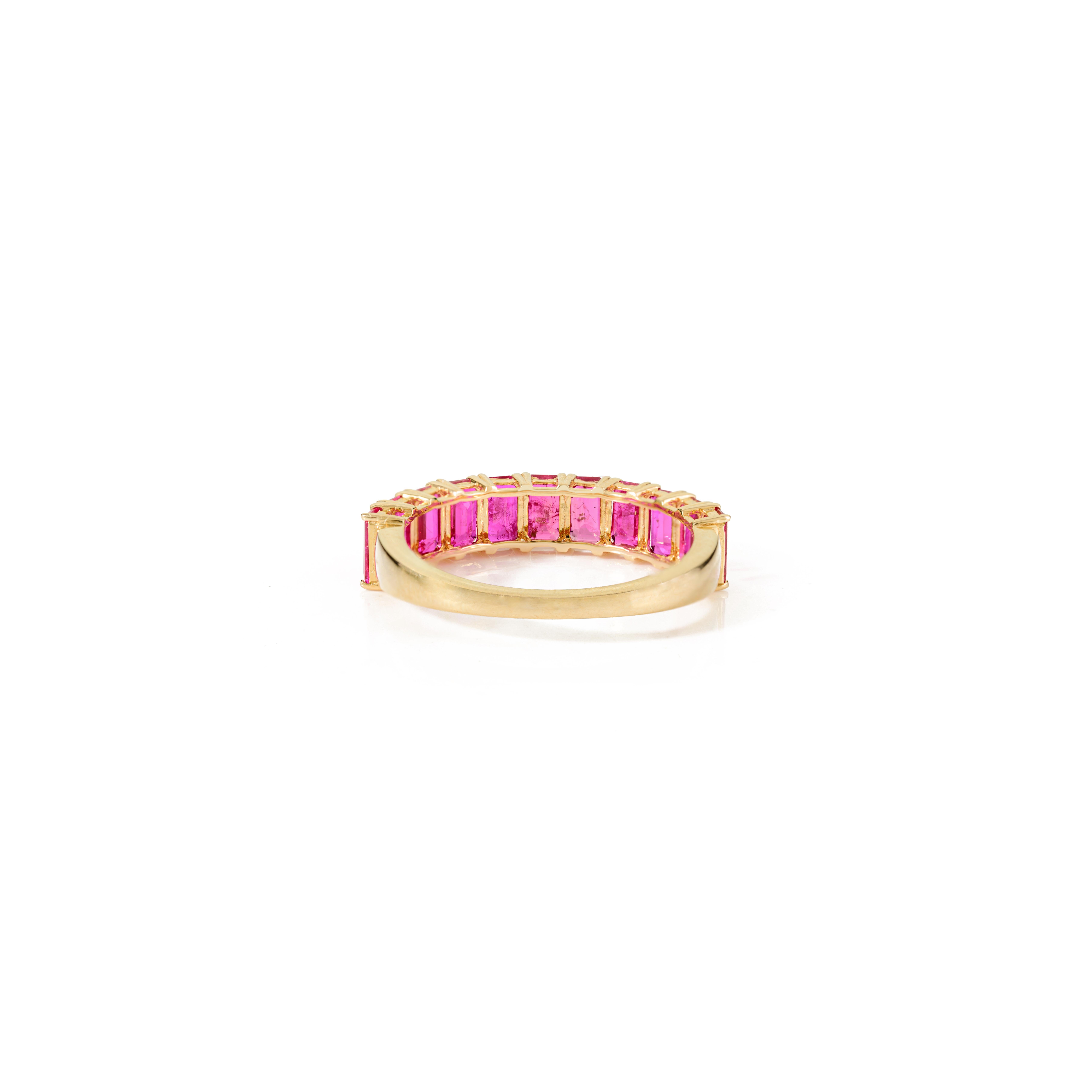 For Sale:  14k Yellow Gold 2.70 CTW Emerald-Cut Ruby Half Eternity Band Ring Fine Jewelry 6