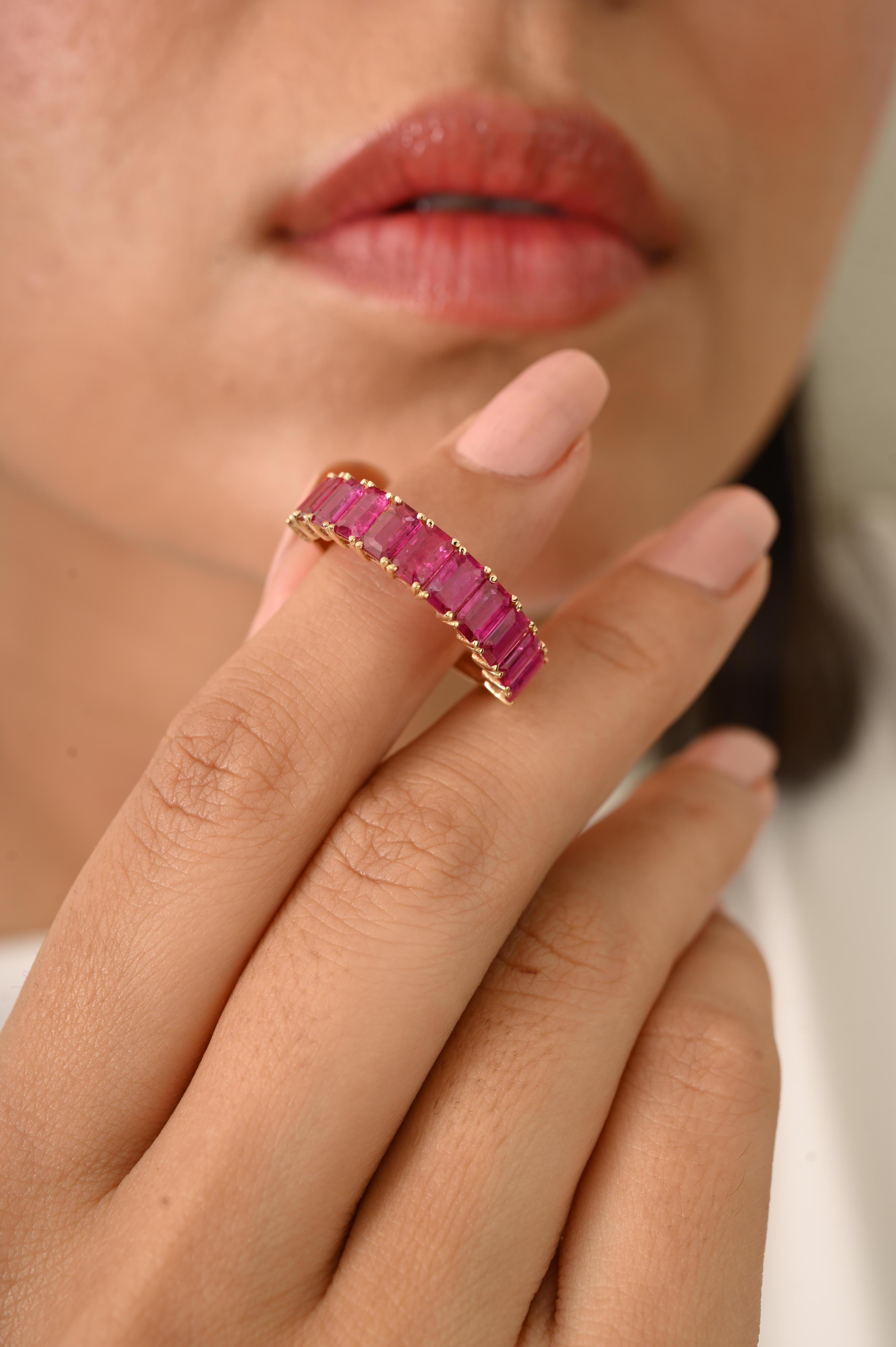 For Sale:  14k Yellow Gold 2.70 CTW Emerald-Cut Ruby Half Eternity Band Ring Fine Jewelry 7