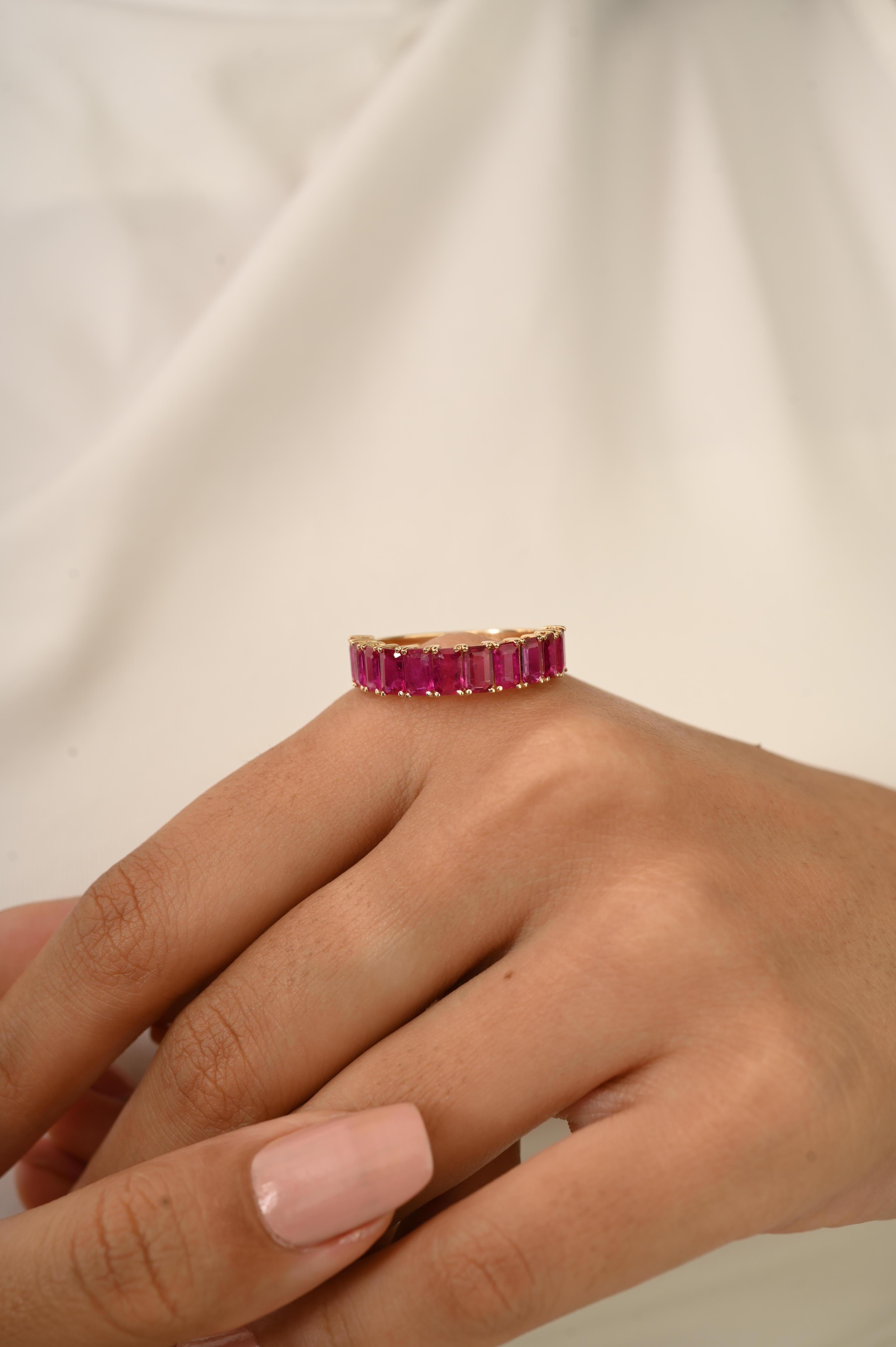 For Sale:  14k Yellow Gold 2.70 CTW Emerald-Cut Ruby Half Eternity Band Ring Fine Jewelry 9