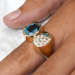 14K Yellow Gold Oval Blue Topaz & Pavé Diamond Bypass Cocktail Ring