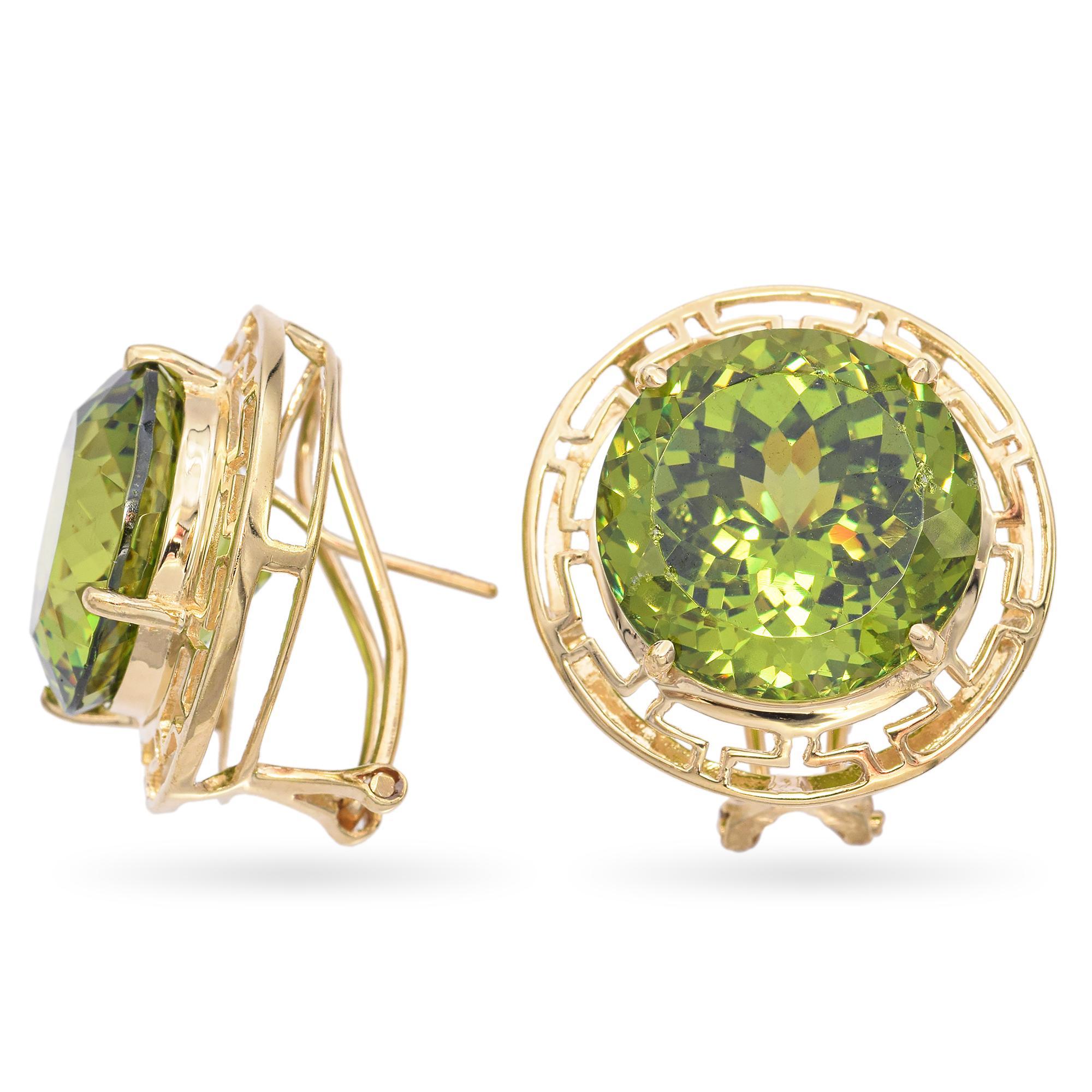 Radiant Cut 14K Yellow Gold 27.24 TCW Peridot Omega Back Stud Earrings