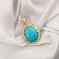 14K Yellow Gold 27.2ct Natural Turquoise Halo Pendant, Formal Evening Party Gift