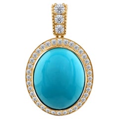 14K Yellow Gold 27.2ct Natural Turquoise Halo Pendant, Formal Evening Party Gift