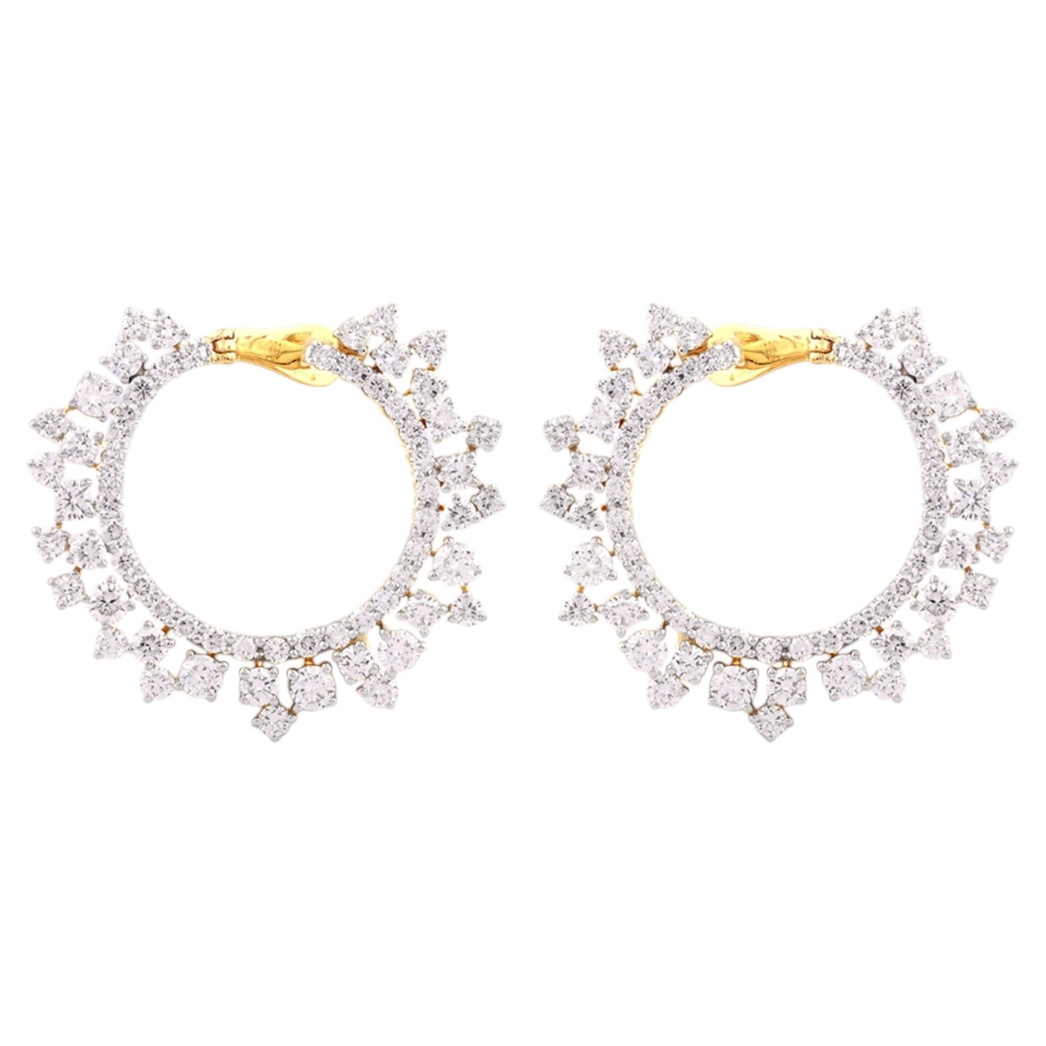 14K Yellow Gold 2.75 Cts Round Natural Diamond Scalloped Hoop Earrings