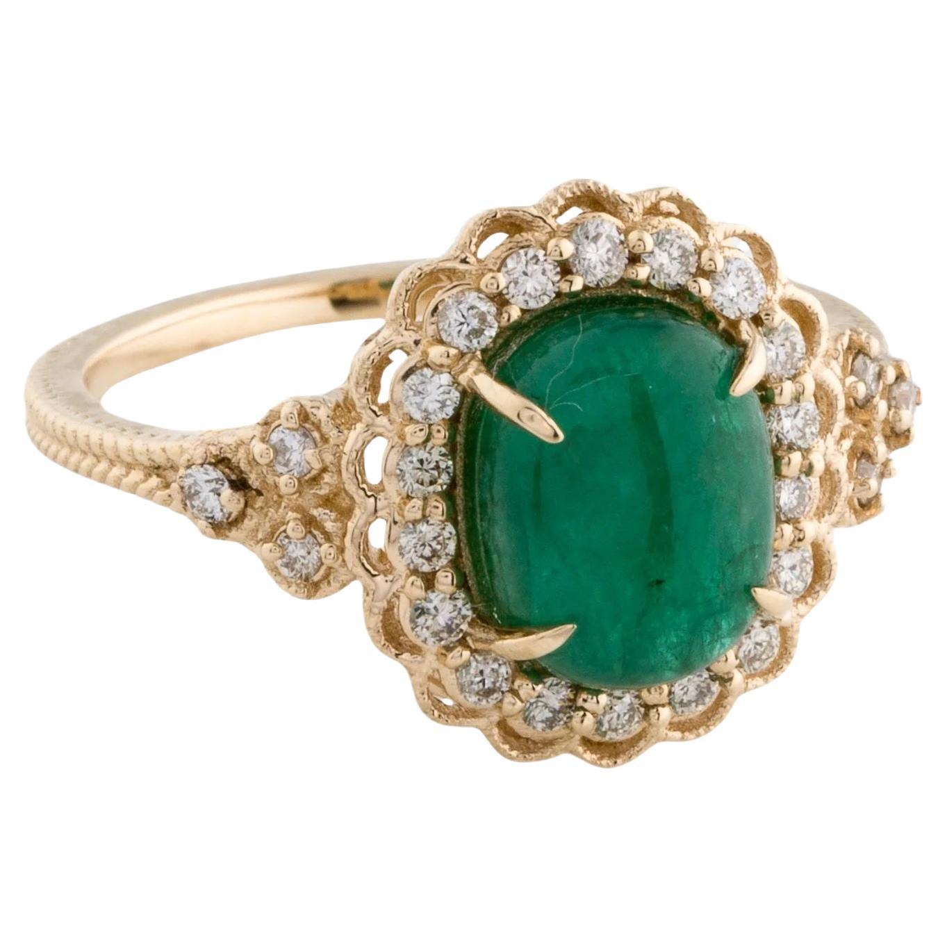 Anello da cocktail in oro giallo 14K con smeraldo ovale cabochon da 2,75 carati e diamanti, misura 7