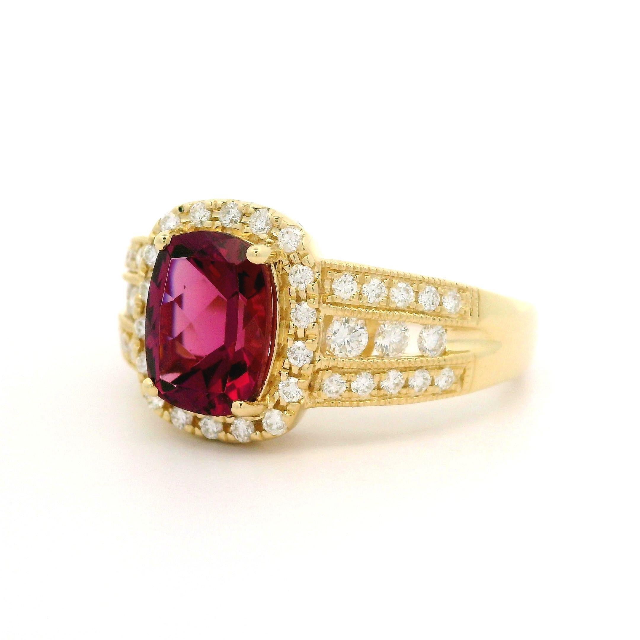 --Stone(s):--
(1) Natural Genuine Tourmaline - Cushion Brilliant Cut - Prong Set - Deep Purplish Pink Color - 9.1x7.2mm 2.3ct (approx.)
(42) Natural Genuine Diamonds - Round Brilliant Cut - Pave & Channel Set - F/G Color - SI1/SI2 Clarity - 0.45ctw