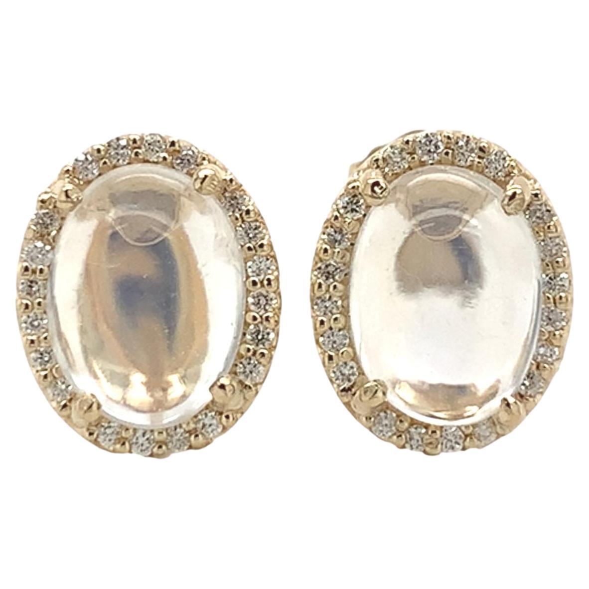 14K Yellow Gold 2.77 carat tw Blue Flash Moonstone and Diamond Halo Stud Earring