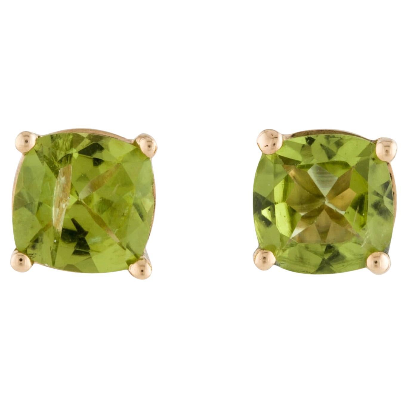 14K Yellow Gold 2.78ctw Cushion Modified Brilliant Peridot Stud Earrings For Sale