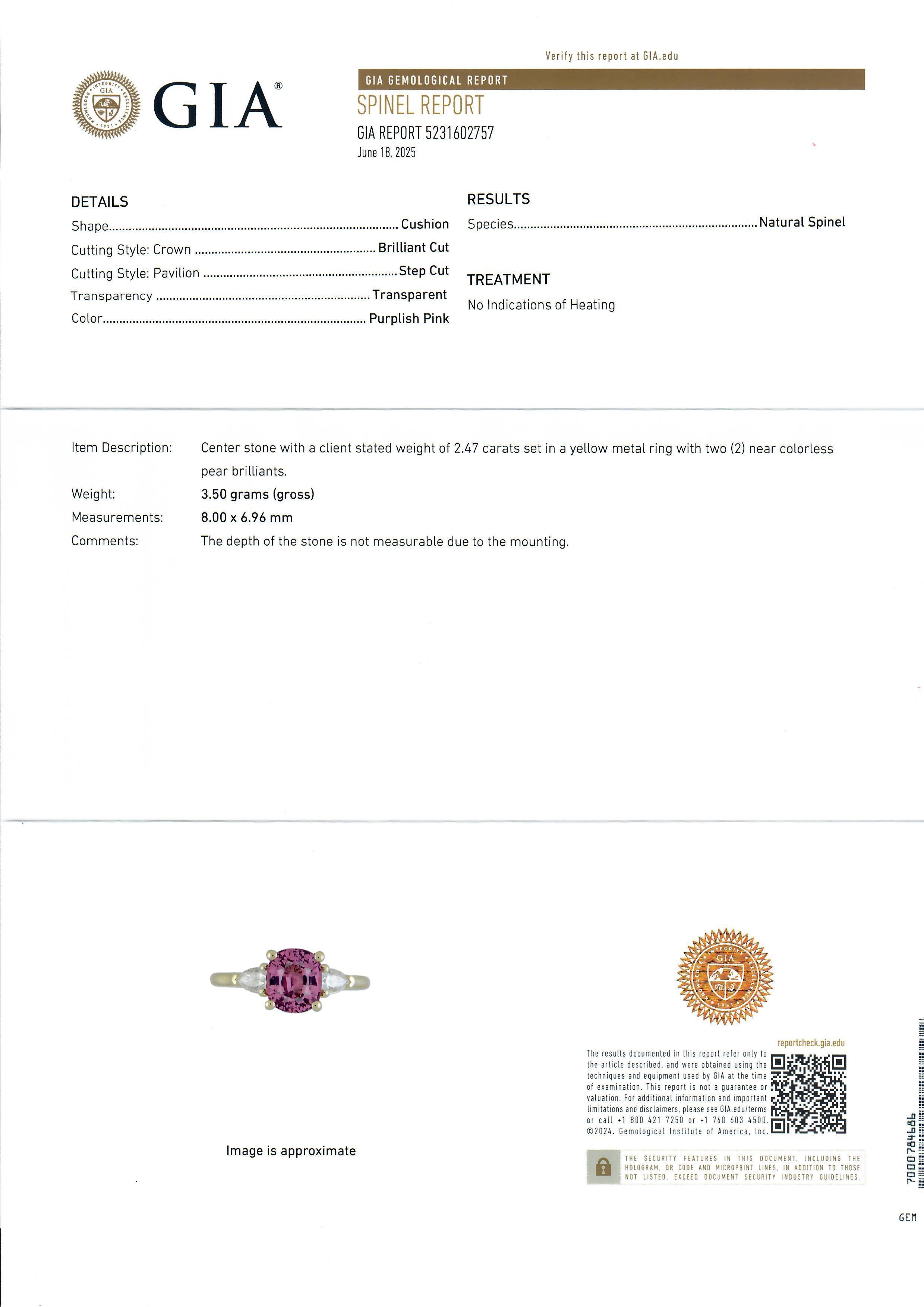 14k Yellow Gold 2.84ctw GIA Cushion Purplish Pink Spinel Pear Diamond Sides Ring For Sale 7