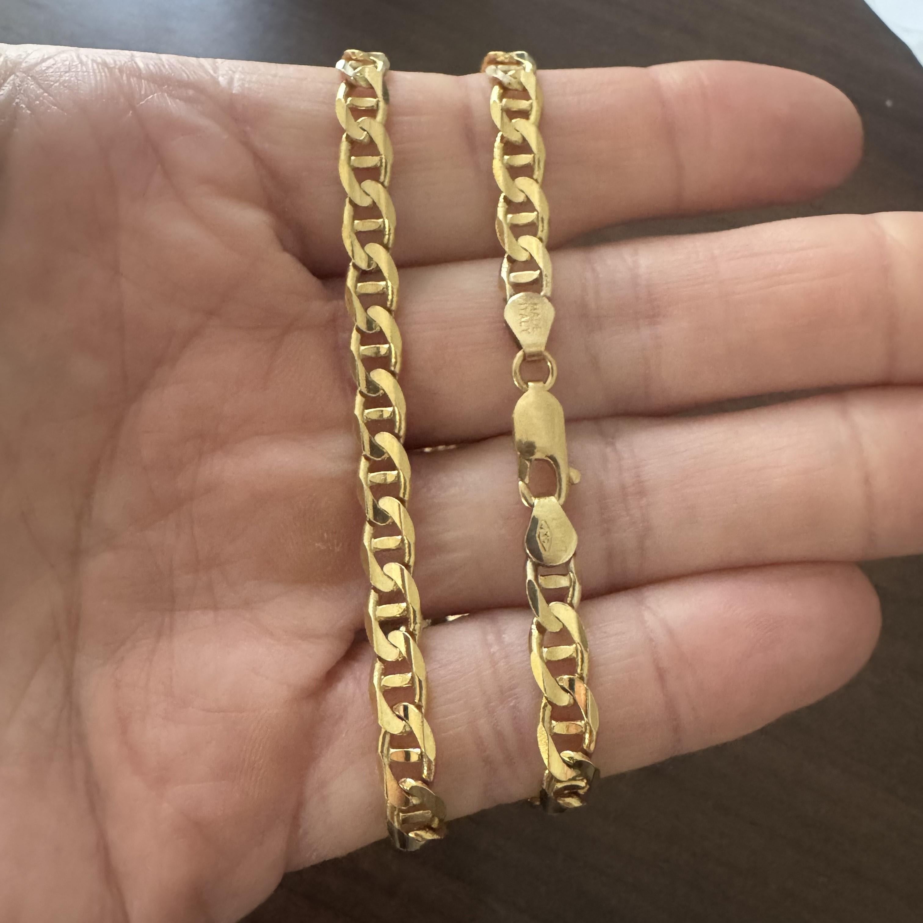 Estado:  Excelente estado, limpiado y pulido profesionalmente
Metal: Oro de 14 quilates (marcado y probado profesionalmente)
Peso: 28,5 g
Longitud: 20 pulgadas
Anchura: 6 mm
Cierre:  Pinza de langosta
Marcas: 