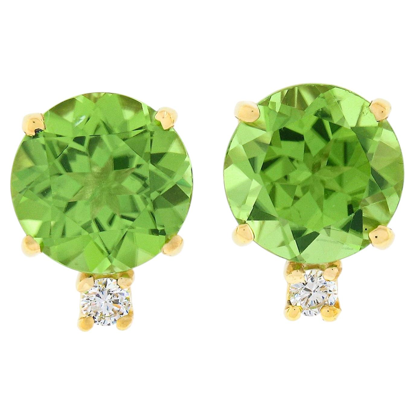 14k Yellow Gold 2.86ctw Round Green Peridot w/ Diamond Accent Stud Earrings