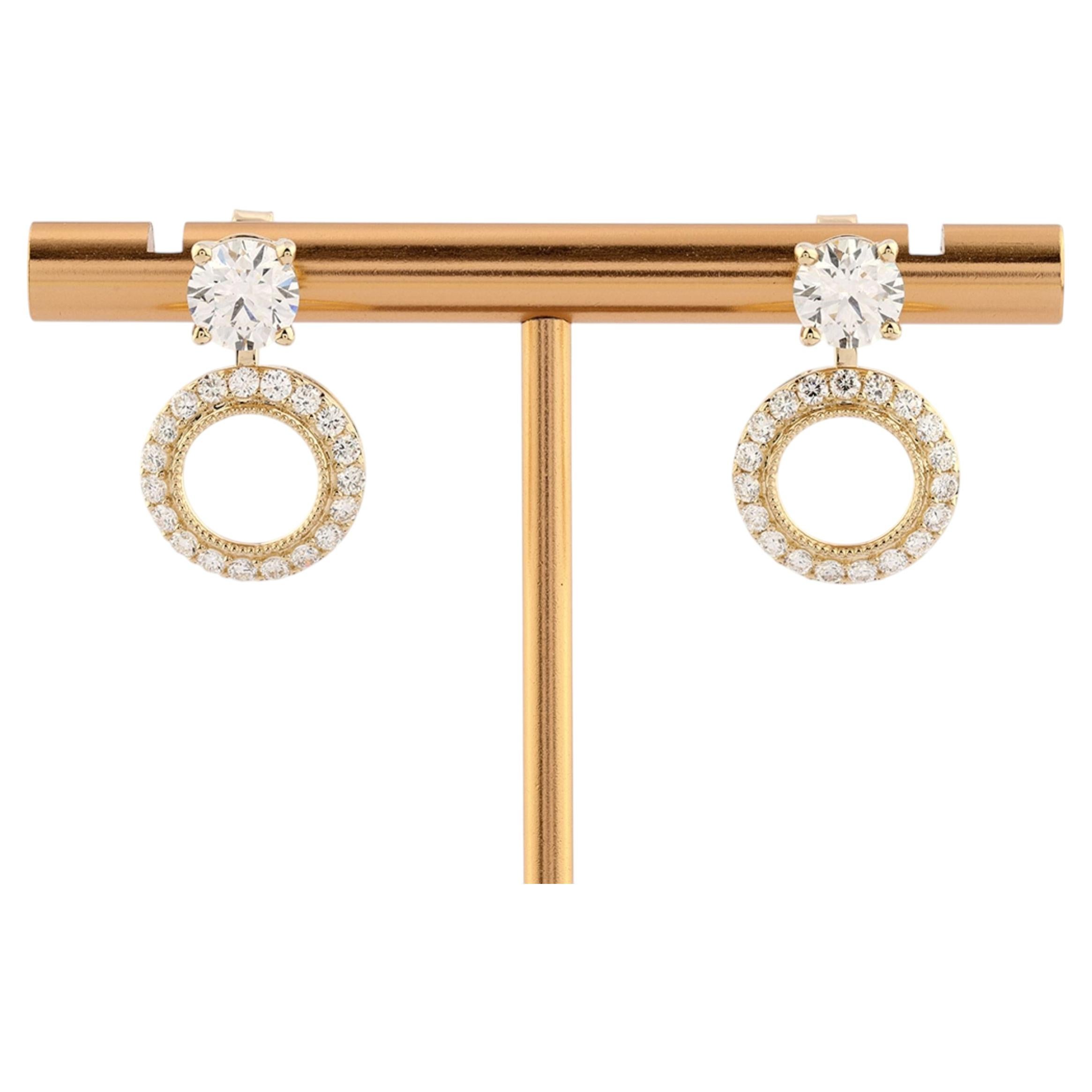 14K Yellow Gold 2.93 Cts Round Natural Diamond Halo Drop Earrings