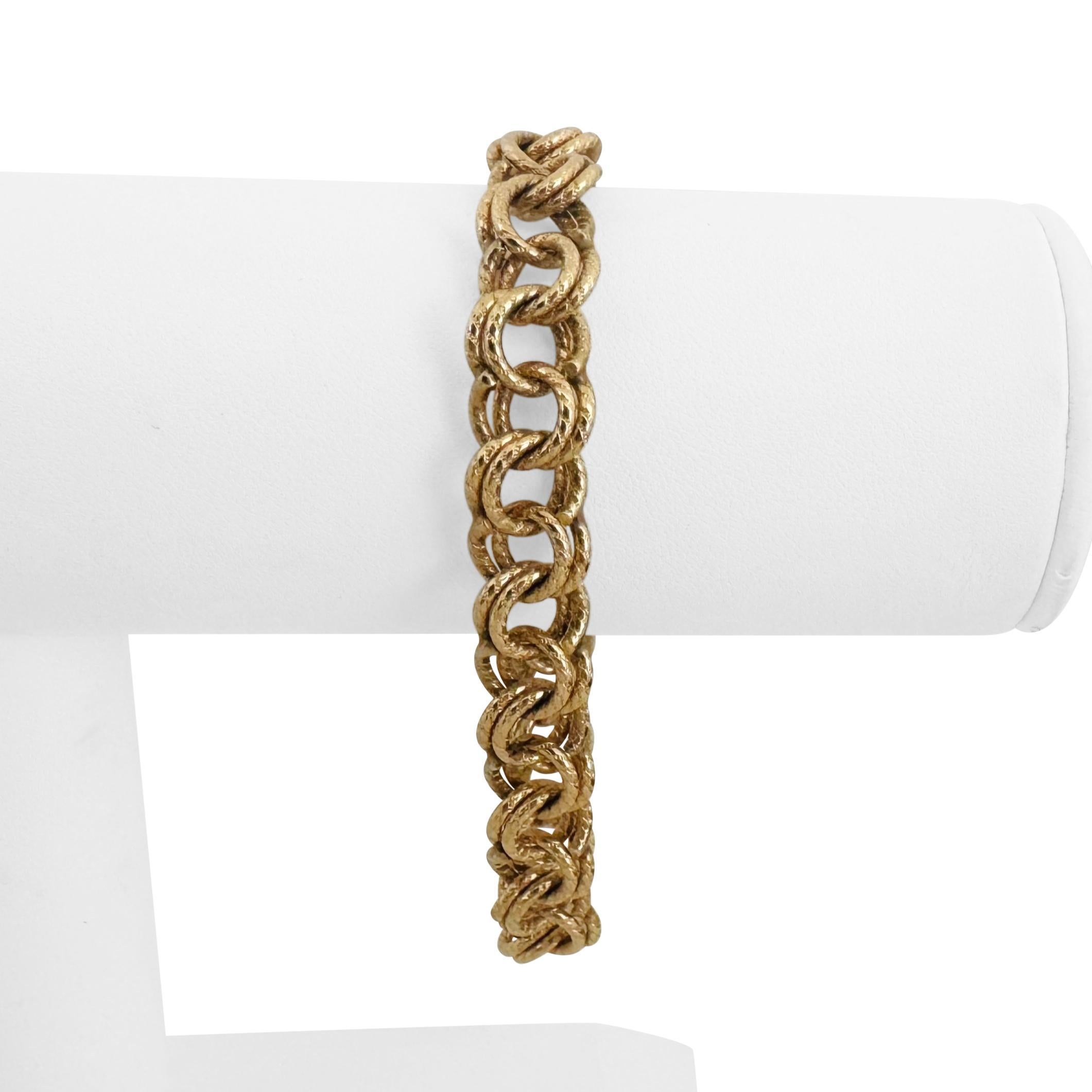 Zustand:  Ausgezeichneter Condit, Professionell gereinigt und poliert
Metall: 14k Gold (markiert und professionell getestet)
Gewicht: 29,7 g
Länge: 7,75 Zoll
Breite: 10 mm
Verschluss: Box Tab Insert mit Sicherheitsverriegelung
Markierungen:
