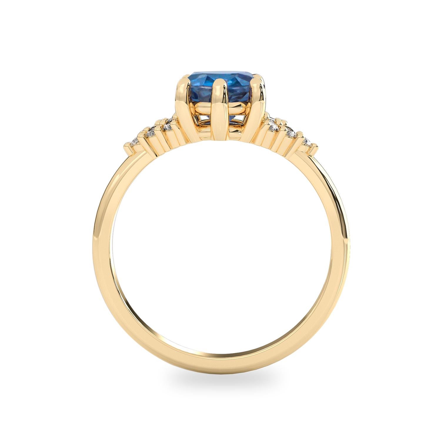 Modern 14k Yellow Gold 2ct Oval Blue Sapphire & .17t.c.w White Diamonds Engagement Ring For Sale