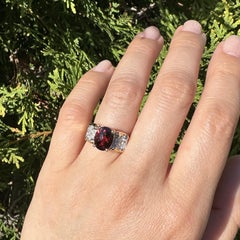14k Yellow Gold 2ct Oval Garnet w/ Pave Diamond Accents Wide Band Ring