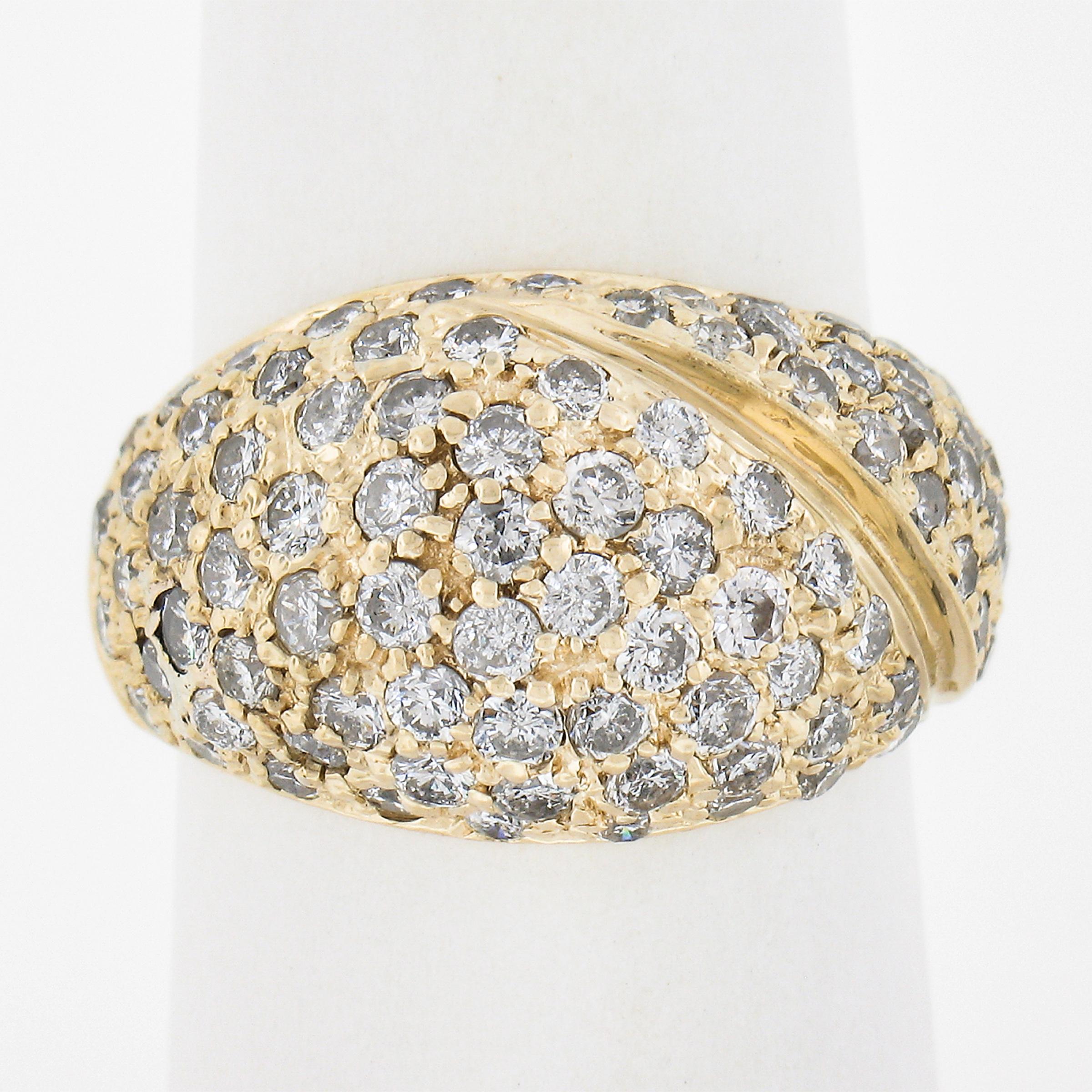 --Stone(s):--
(90) Natural Genuine Diamonds - Round Brilliant Cut - Pave Set - G/H Color - VS2-SI2 Clarity
Total Carat Weight:	2 (approx.)

Material: Solid 14k Yellow Gold
Weight: 7 Grams
Ring Size: 6.5 (Fitted on a finger. we can custom size this