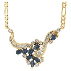 14k Yellow Gold 2ctw Sapphire & Diamond Floral Center Pendant on Figaro Necklace