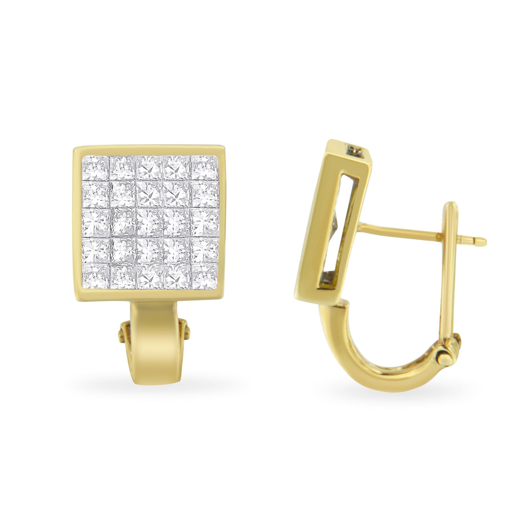 You will fall in love with these classic huggy stud earrings. A must have for any serious jewelry collection, these 14K yellow gold earrings boast an impressive 3.2 carat total weight of diamonds with a whopping 50 individual stones. The earrings