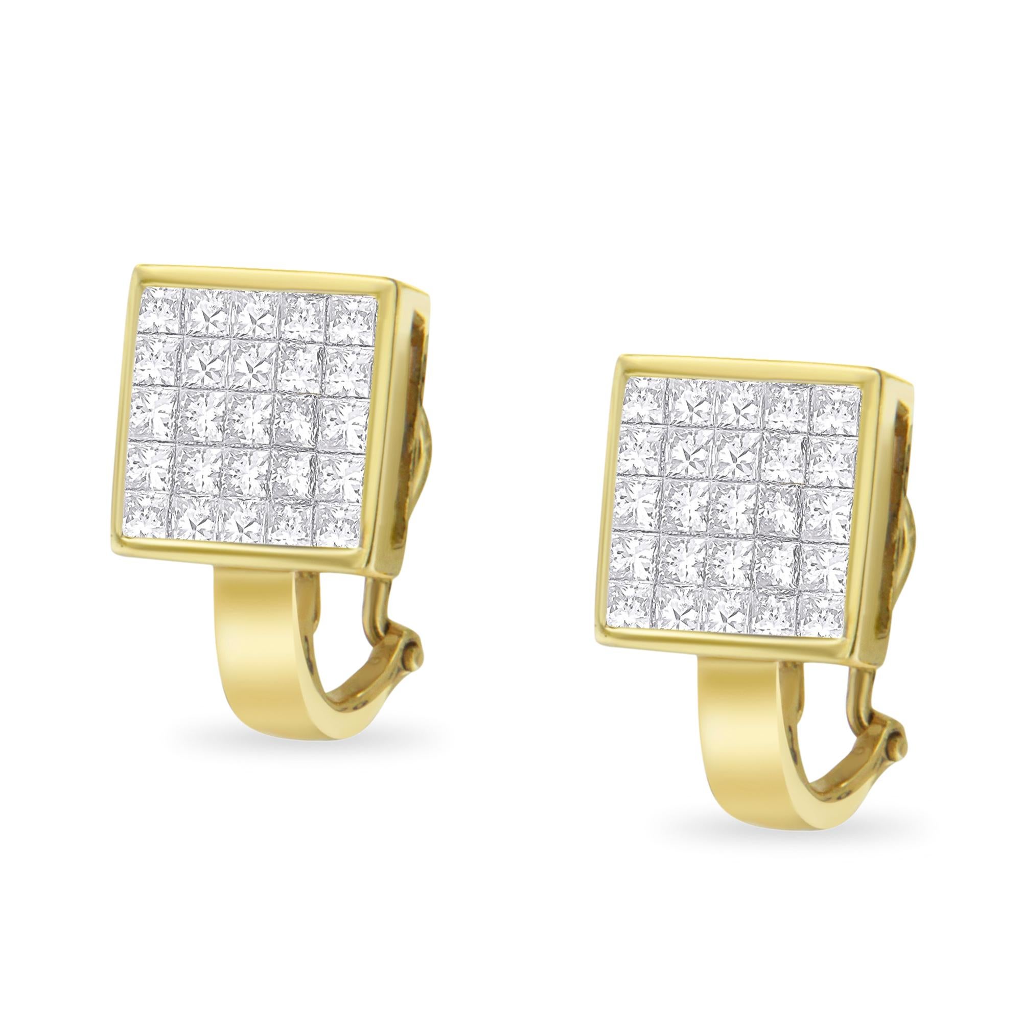 Contemporary 14K Yellow Gold 3 1/5 Carat Diamond ¾ Square Grid Huggy Style Stud Earrings For Sale