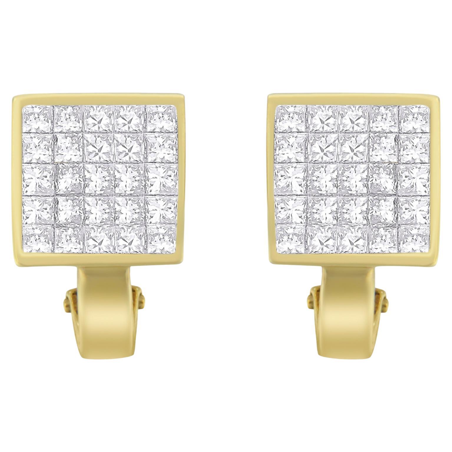14K Yellow Gold 3 1/5 Carat Diamond ¾ Square Grid Huggy Style Stud Earrings For Sale