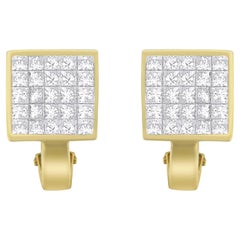 Clous d'oreilles en or jaune 14 carats avec grille carrée en diamants de 3 1/5 carats de style huggy