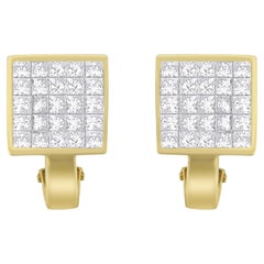 14K Yellow Gold 3 1/5 Carat Diamond ¾ Square Grid Huggy Style Stud Earrings