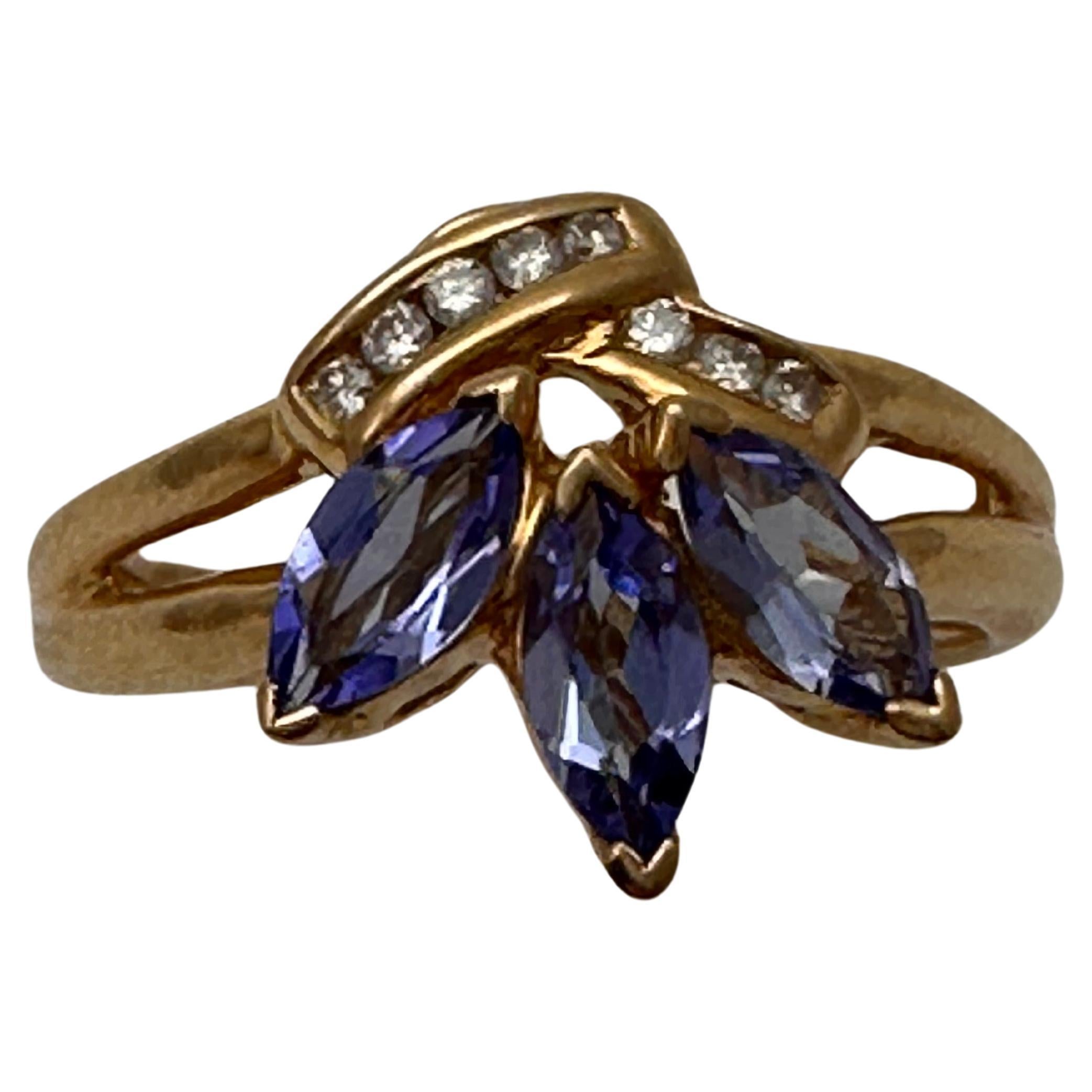 14k Yellow Gold - 3 - 3mm x 6mm Marquise Tanzanite 8 Diamonds Ring Size 5 3/4 For Sale