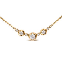 14K Yellow Gold 3/4 Carat 3 Stone Round Diamond Statement Necklace