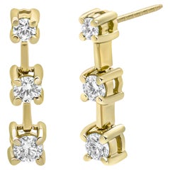 14K Yellow Gold 3/4 Carat Diamond 3 Stone Graduated Linear Drop Stud Earrings