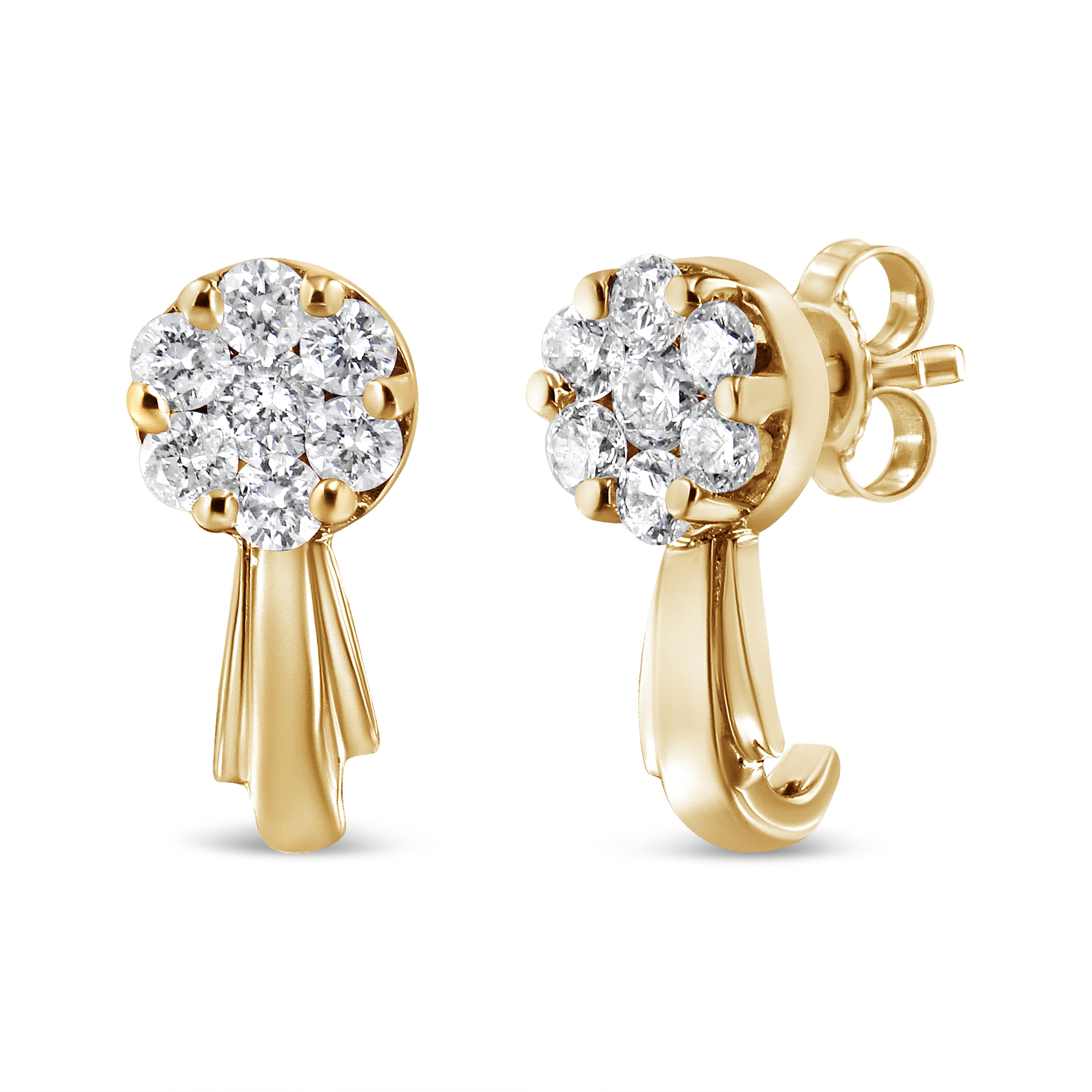 Adorn yourself with these petite and elegant 14k yellow gold floral drop and dangle earrings. These divine earrings are embellished with natural, round-cut diamonds in a central floral cluster. The gold earring back extends downwards to create a