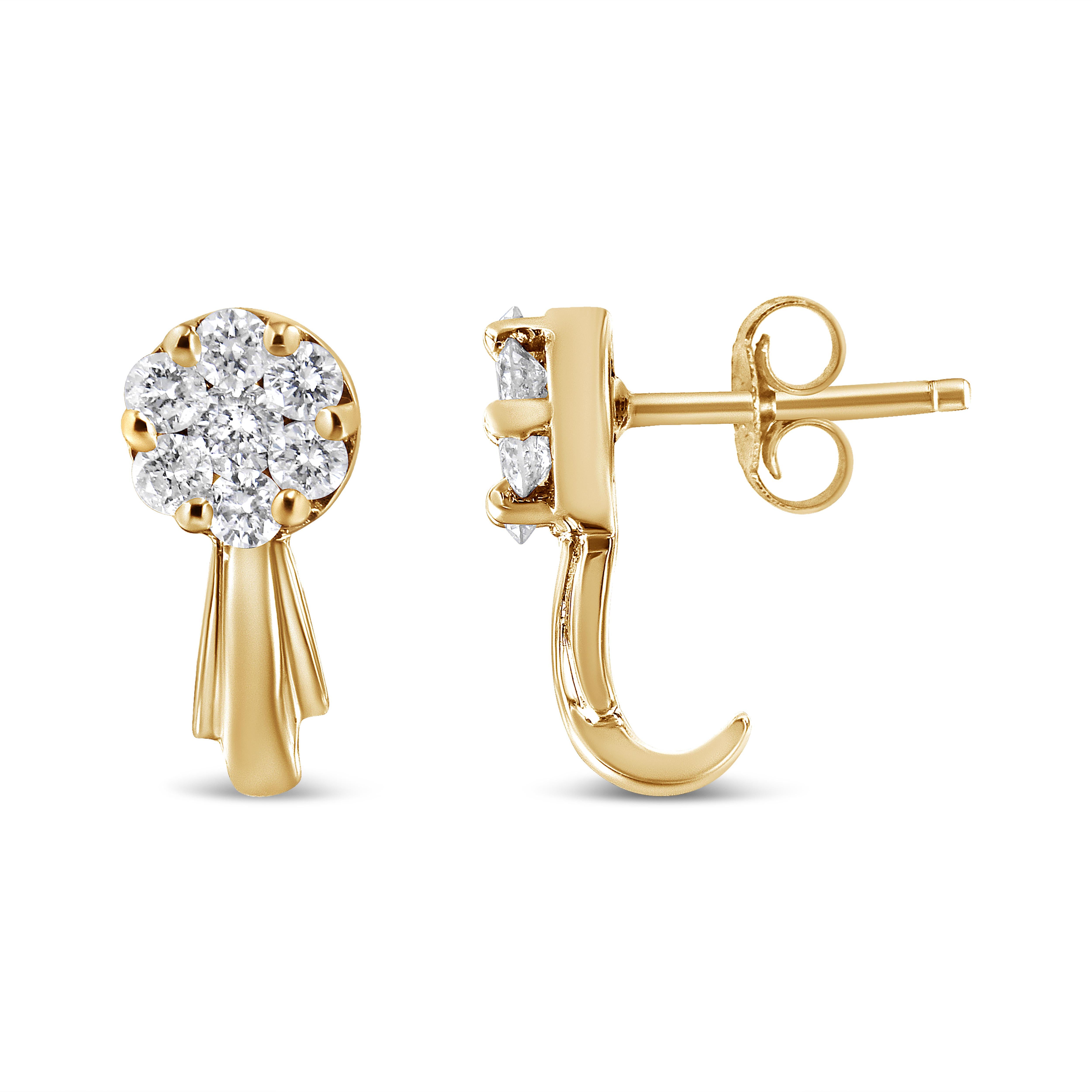 Contemporain Clous d'oreilles en or jaune 14 carats avec grappe de fleurs en diamants de 3/4 carat et pendants en vente