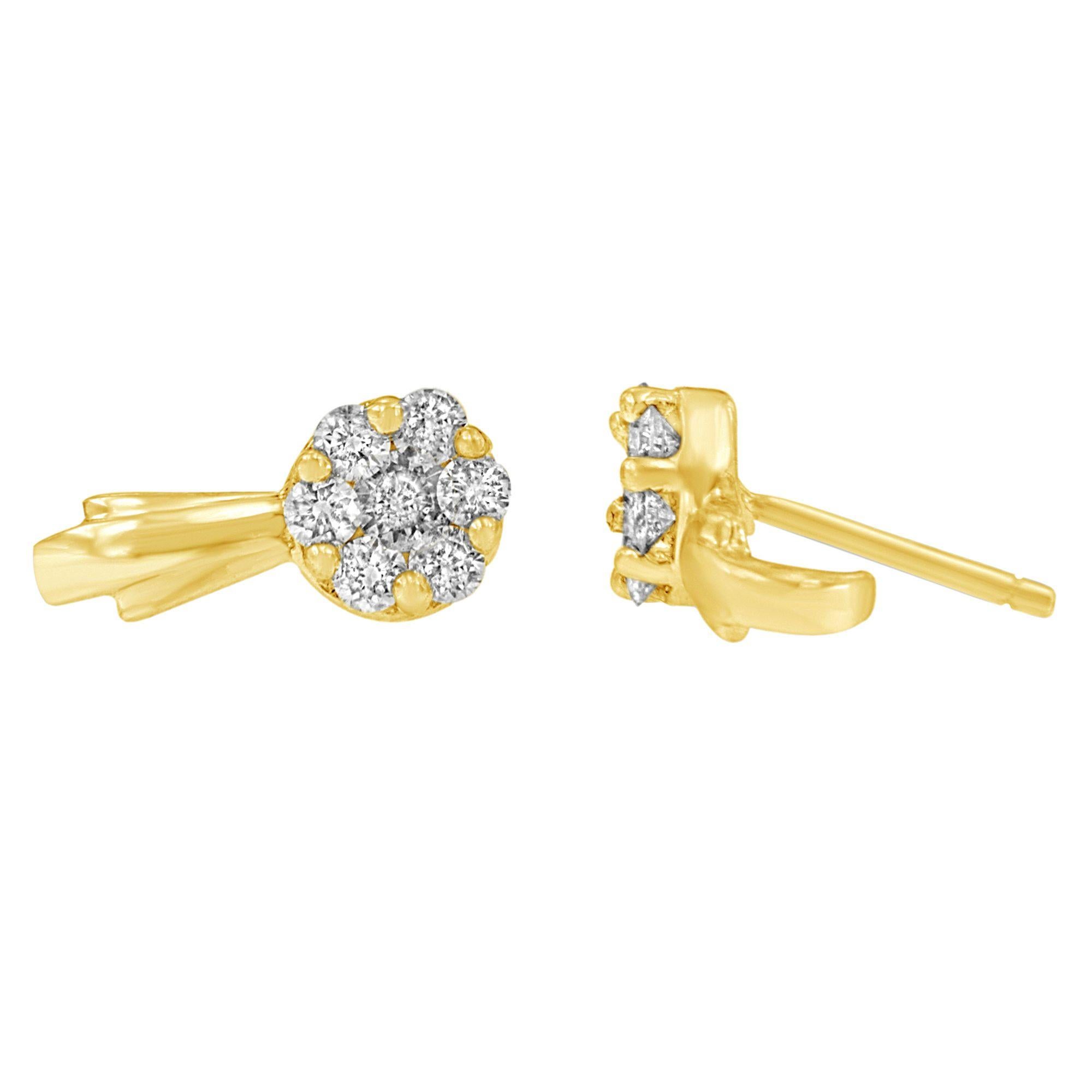 Contemporary 14K Yellow Gold 3/4 Carat Diamond Floral Cluster Drop and Dangle Stud Earrings For Sale