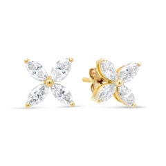 14K Yellow Gold 3/4 Carat Marquise Diamond 8 Stone Floral Leaf Stud Earrings