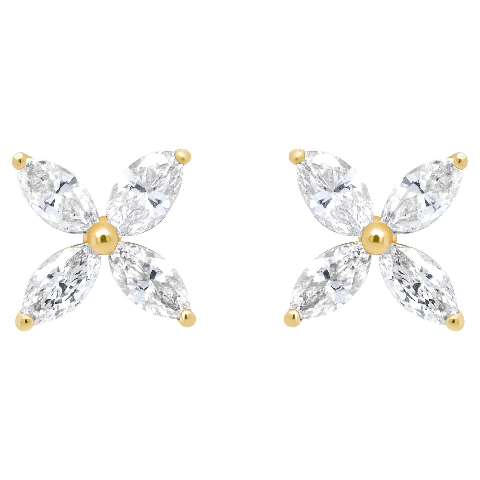 14K Yellow Gold 3/4 Carat Marquise Diamond 8 Stone Floral Leaf Stud Earrings For Sale