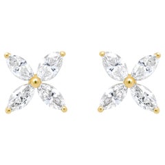 14K Yellow Gold 3/4 Carat Marquise Diamond 8 Stone Floral Leaf Stud Earrings