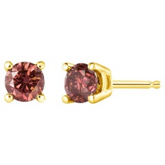14K Yellow Gold 3/4 Carat Round-Cut Pink Diamond Solitaire Stud Earrings
