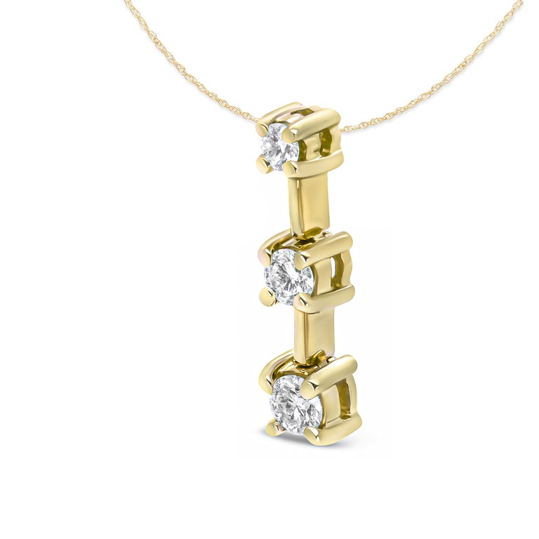 14K Yellow Gold 3/4 Carat Round Diamond ThreeStone Drop Pendant