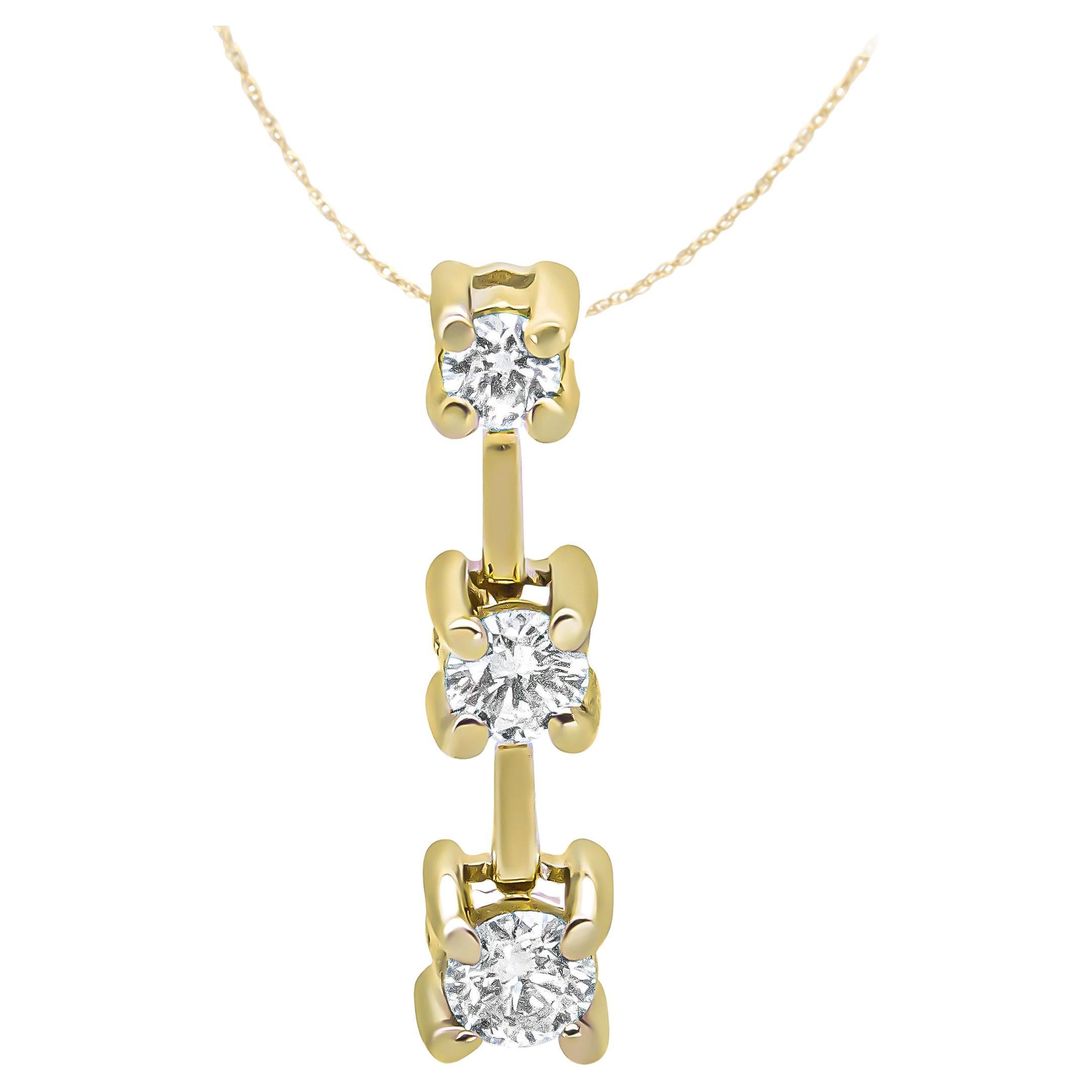 14K Yellow Gold 3/4 Carat Round Diamond Three-Stone Drop Pendant Necklace