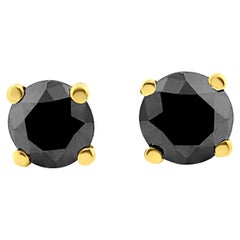 14K Yellow Gold 3/4 Carat Treated Black Diamond Screw-Back 4-Prong Stud Earrings