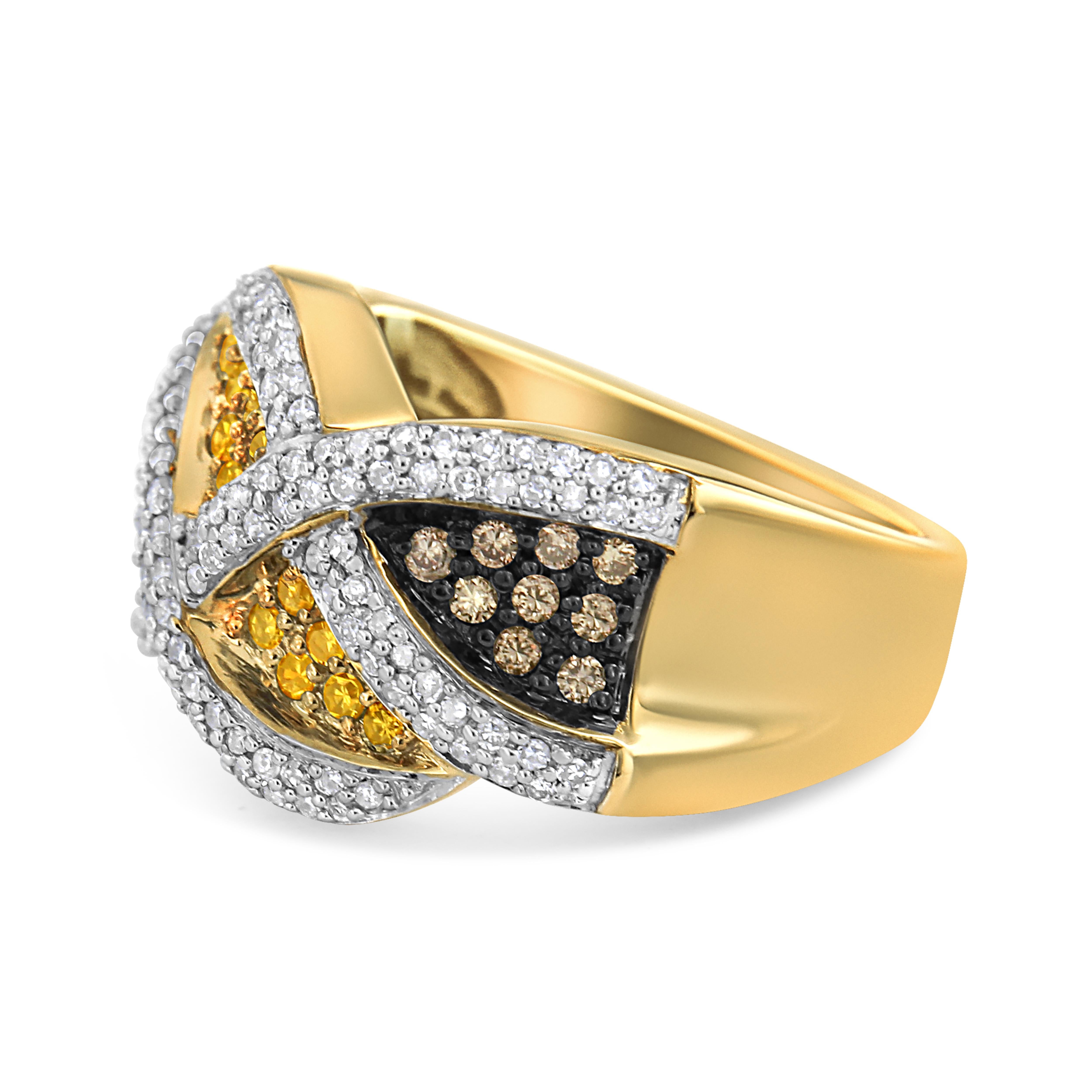 Amplify the aura of your feminine look with this graceful diamond ring. Fashioned in 14k yellow gold, this fashion ring is buffed with fine elegance of lustrous round-cut and champagne diamonds. The addition of extra yellow diamonds framed in prong