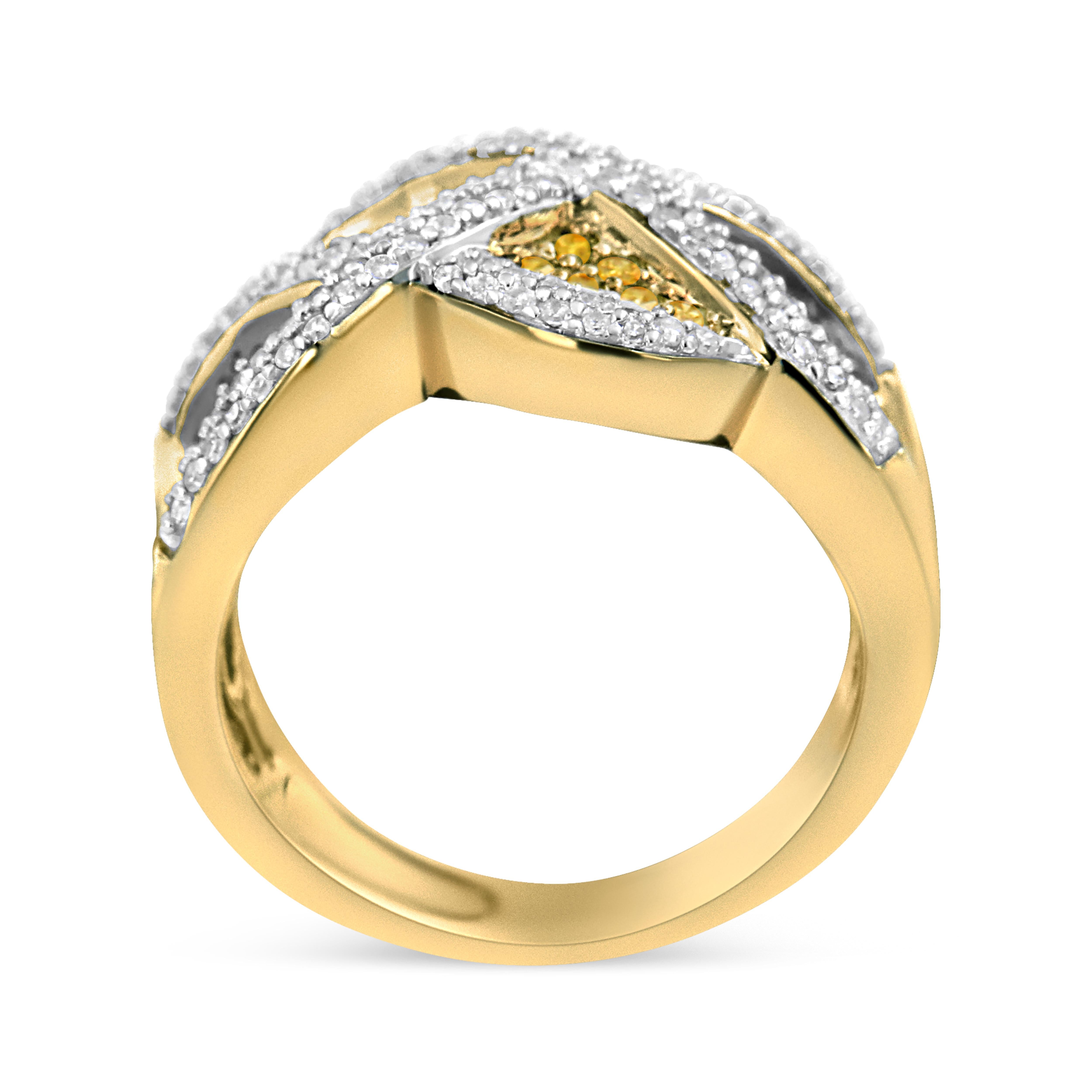 Contemporary 14K Yellow Gold 3/4 Ct Champagne, Yellow & White Diamond Woven Pattern Band Ring For Sale