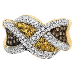 14K Yellow Gold 3/4 Ct Champagne, Yellow & White Diamond Woven Pattern Band Ring